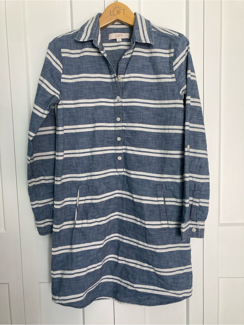 LOFT Blue and White Striped Button-Front Shirt Dress